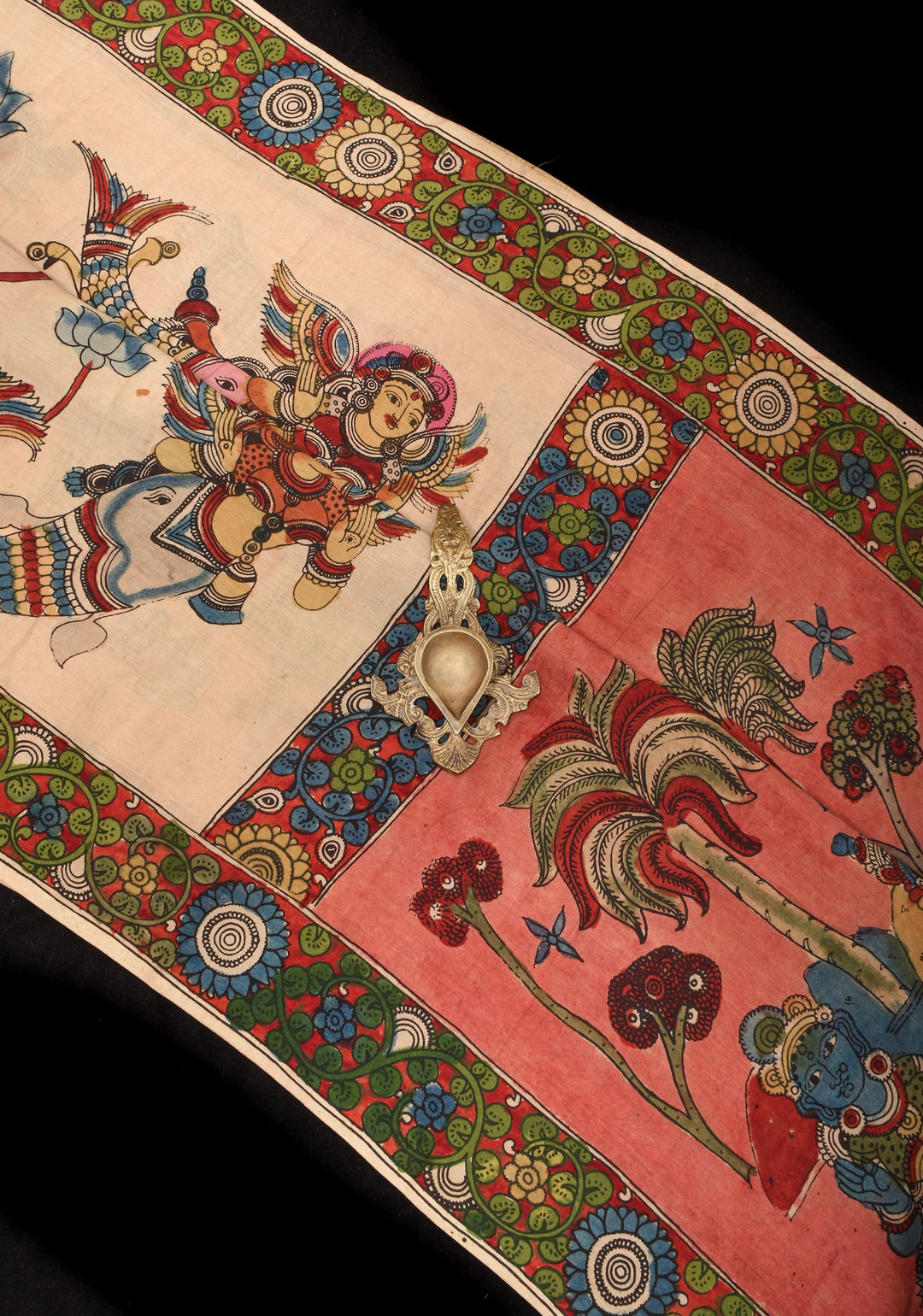 Preorder : Beige Authentic Pen Kalamkari on Pure Assam Silk with Krishna and Gopi's Theme Pallu and Lace Border | SILK MARKED CERTIFIED