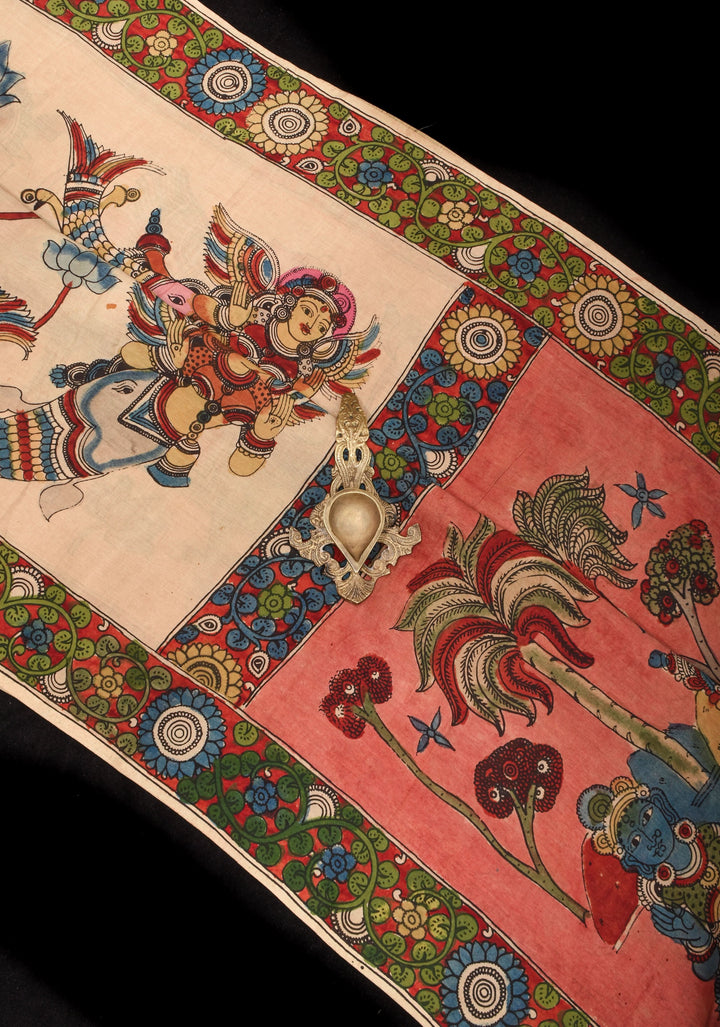 Preorder : Beige Authentic Pen Kalamkari on Pure Assam Silk with Krishna and Gopi's Theme Pallu and Lace Border | SILK MARKED CERTIFIED