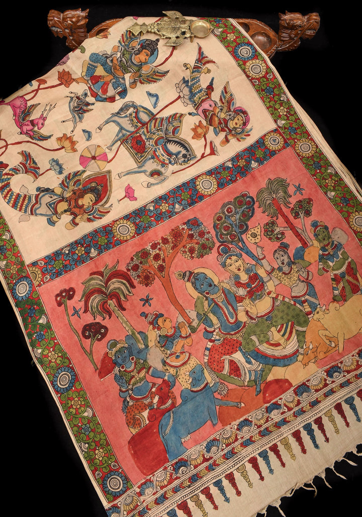Preorder : Beige Authentic Pen Kalamkari on Pure Assam Silk with Krishna and Gopi's Theme Pallu and Lace Border | SILK MARKED CERTIFIED