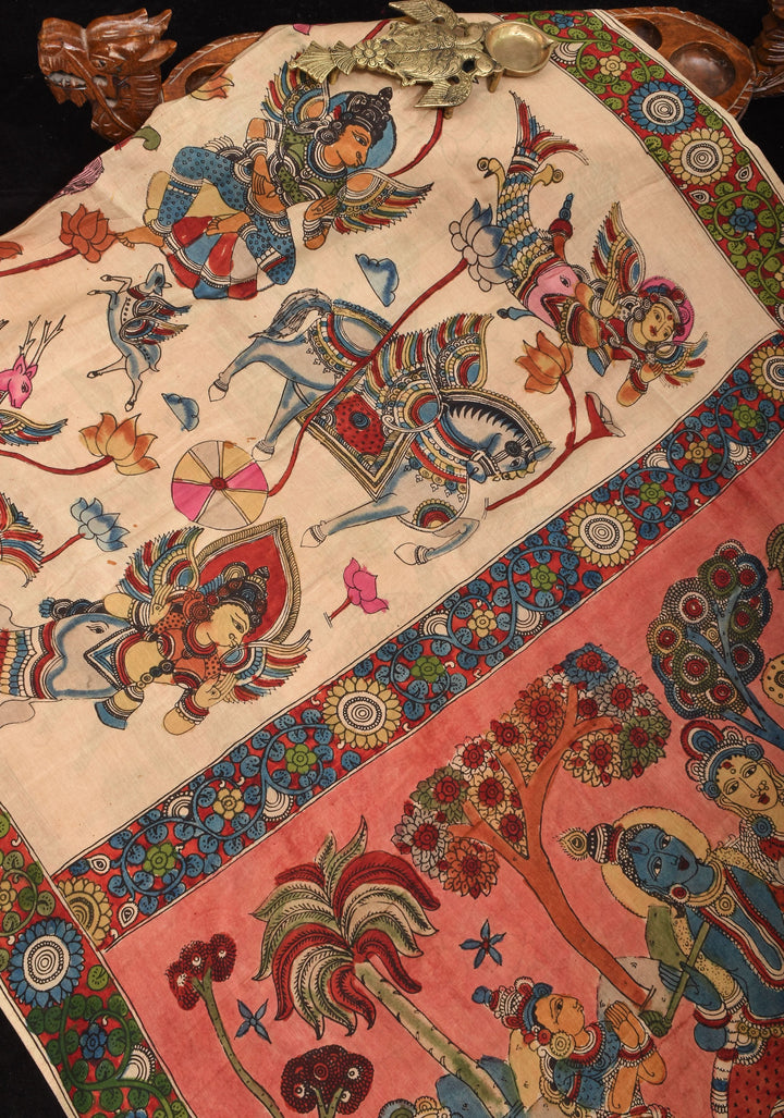 Preorder : Beige Authentic Pen Kalamkari on Pure Assam Silk with Krishna and Gopi's Theme Pallu and Lace Border | SILK MARKED CERTIFIED
