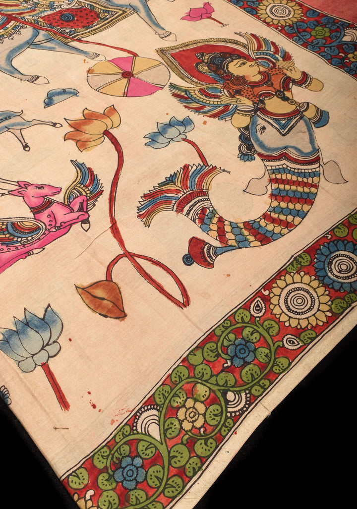 Preorder : Beige Authentic Pen Kalamkari on Pure Assam Silk with Krishna and Gopi's Theme Pallu and Lace Border | SILK MARKED CERTIFIED