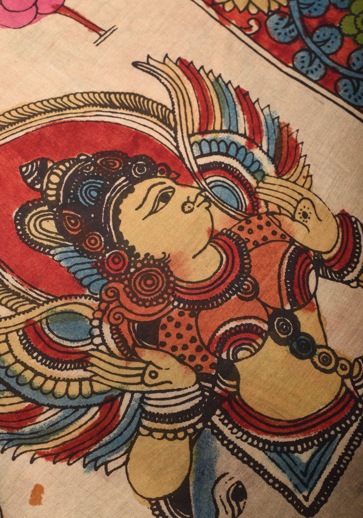 Preorder : Beige Authentic Pen Kalamkari on Pure Assam Silk with Krishna and Gopi's Theme Pallu and Lace Border | SILK MARKED CERTIFIED