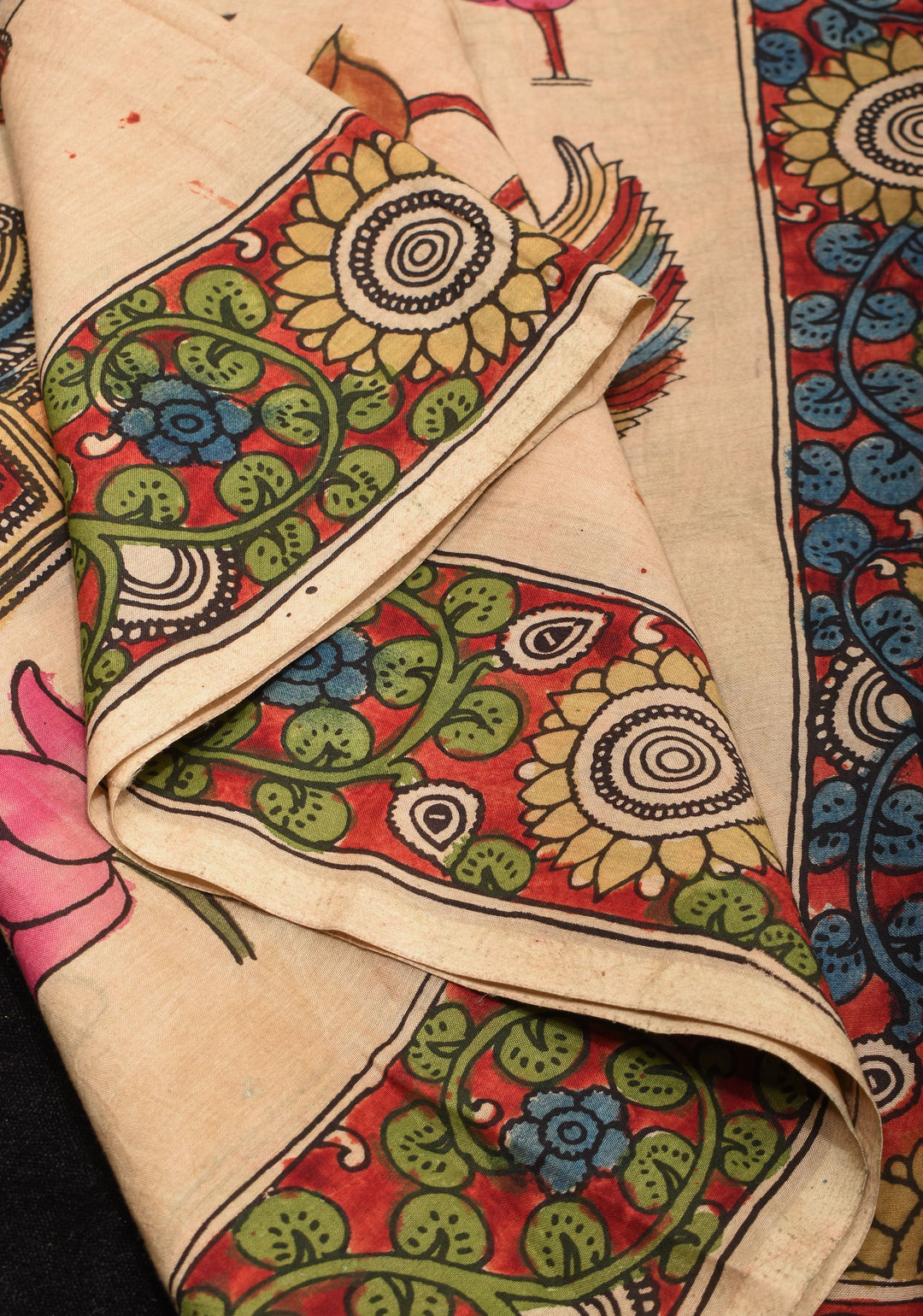 Preorder : Beige Authentic Pen Kalamkari on Pure Assam Silk with Krishna and Gopi's Theme Pallu and Lace Border | SILK MARKED CERTIFIED