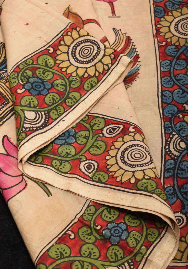 Preorder : Beige Authentic Pen Kalamkari on Pure Assam Silk with Krishna and Gopi's Theme Pallu and Lace Border | SILK MARKED CERTIFIED