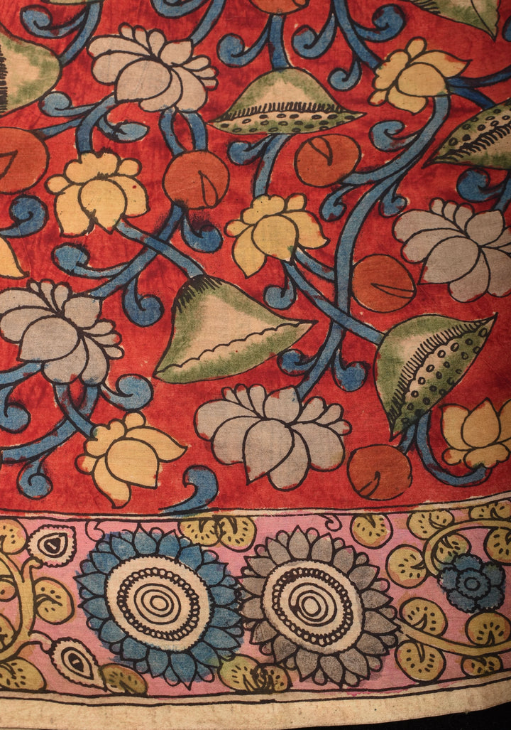 Preorder : Beige Authentic Pen Kalamkari on Pure Assam Silk with Krishna and Gopi's Theme Pallu and Lace Border | SILK MARKED CERTIFIED