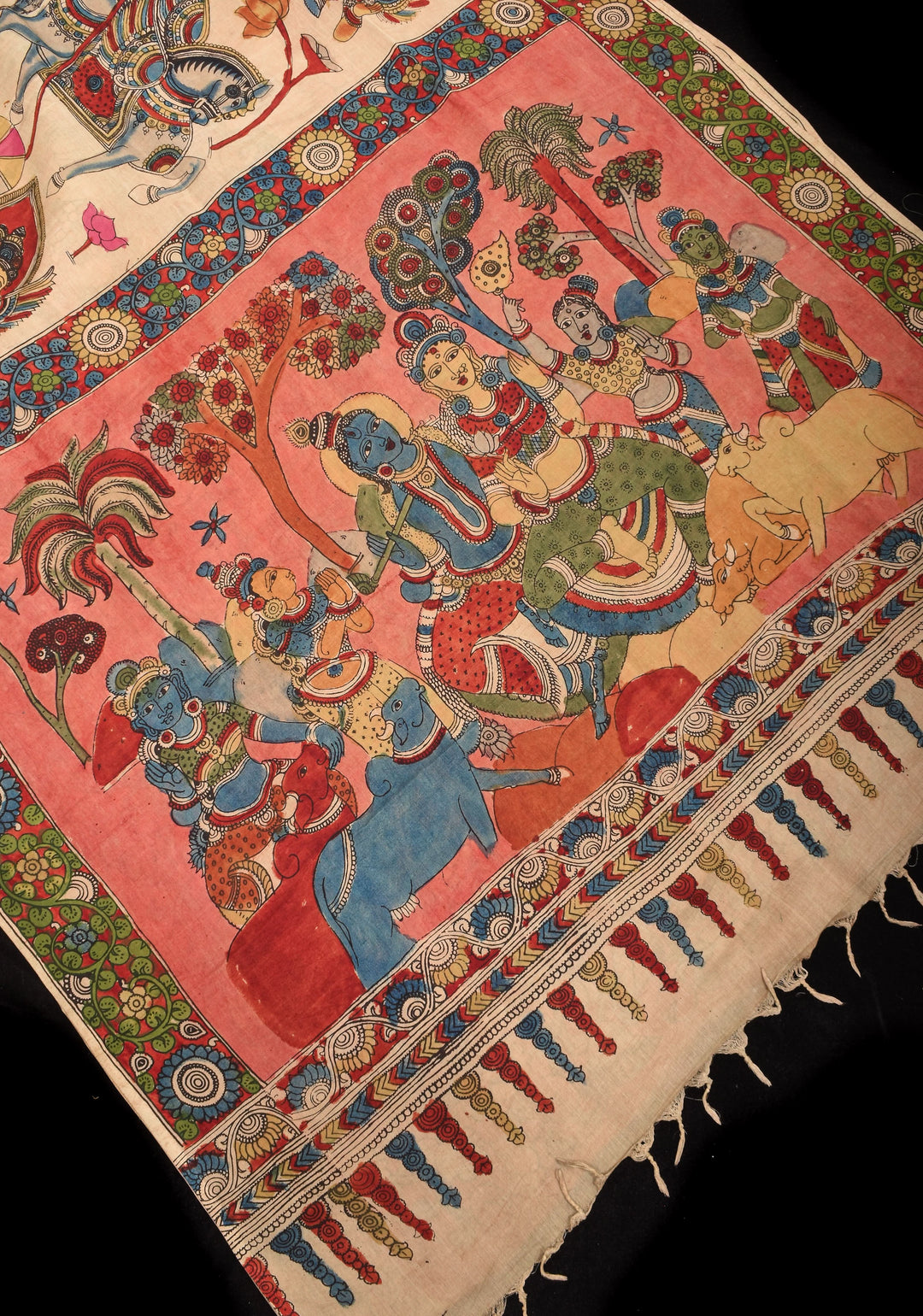 Preorder : Beige Authentic Pen Kalamkari on Pure Assam Silk with Krishna and Gopi's Theme Pallu and Lace Border | SILK MARKED CERTIFIED