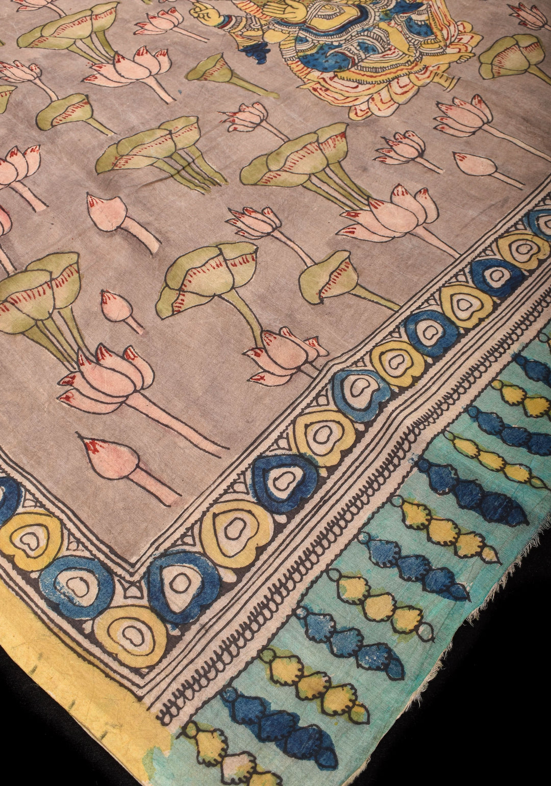 Pastel Aqua Authentic Pen Kalamkari on Pure Assam Silk with Lakshmi Theme Pallu | SILK MARKED CERTIFIED