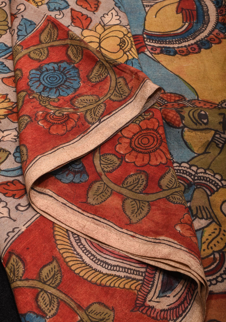 Gray Authentic Pen Kalamkari on Pure Assam Silk with Village Theme Pallu | SILK MARKED CERTIFIED
