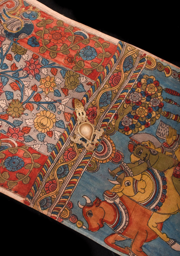 Gray Authentic Pen Kalamkari on Pure Assam Silk with Village Theme Pallu | SILK MARKED CERTIFIED
