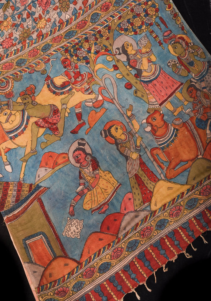 Gray Authentic Pen Kalamkari on Pure Assam Silk with Village Theme Pallu | SILK MARKED CERTIFIED