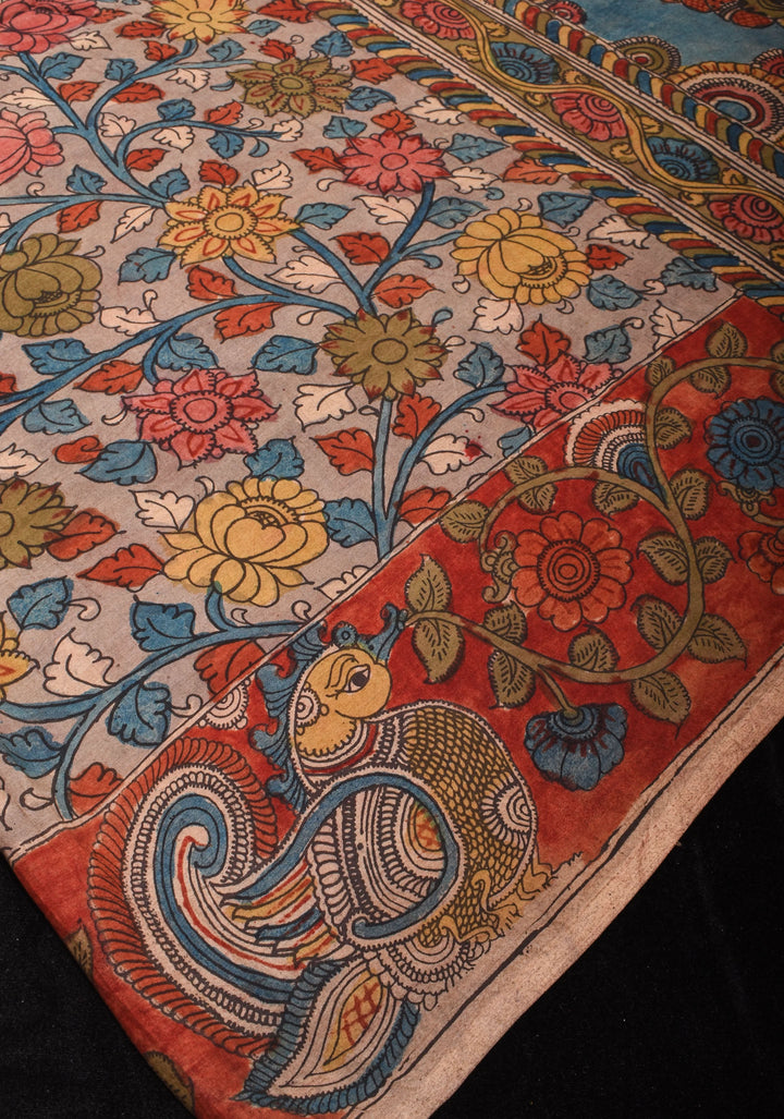 Gray Authentic Pen Kalamkari on Pure Assam Silk with Village Theme Pallu | SILK MARKED CERTIFIED