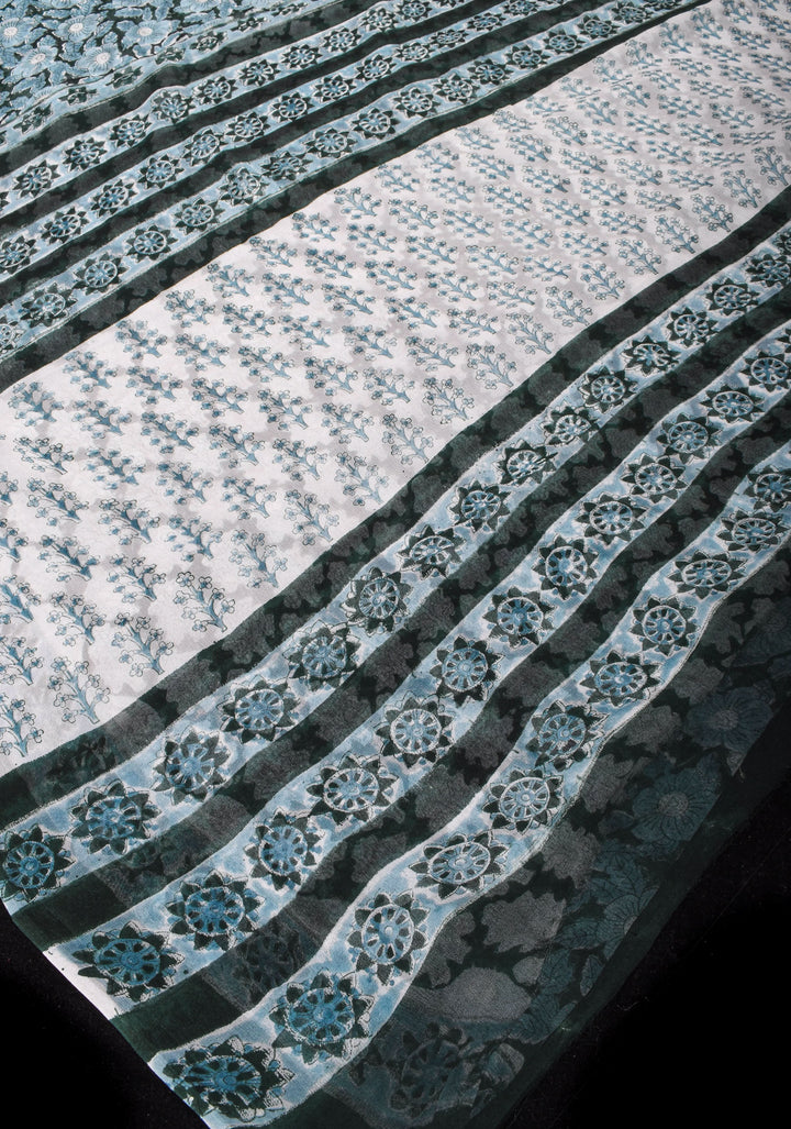 Gray  Sanganeri hand Blockprint Floral Saree in Georgette with long net tassels