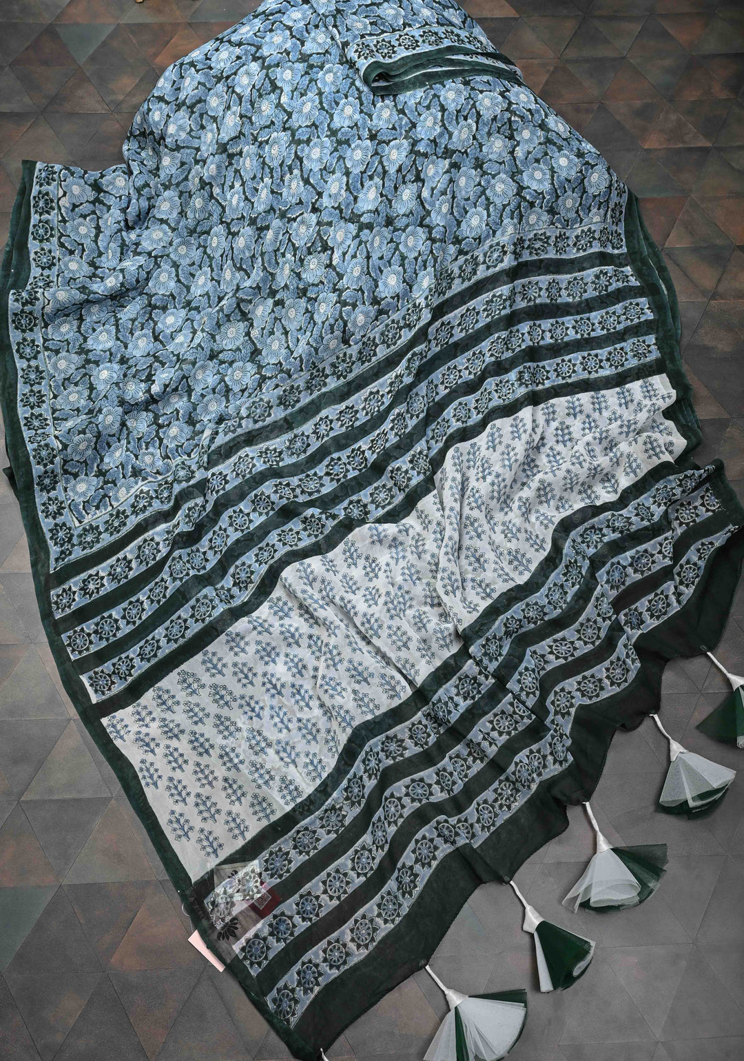 Gray  Sanganeri hand Blockprint Floral Saree in Georgette with long net tassels