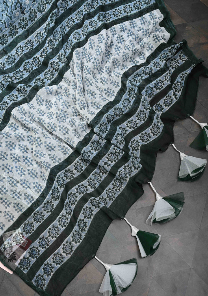 Gray  Sanganeri hand Blockprint Floral Saree in Georgette with long net tassels