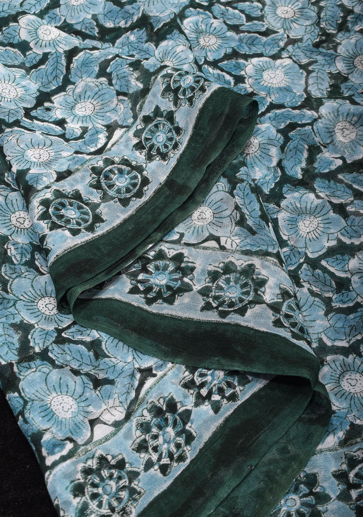 Gray  Sanganeri hand Blockprint Floral Saree in Georgette with long net tassels