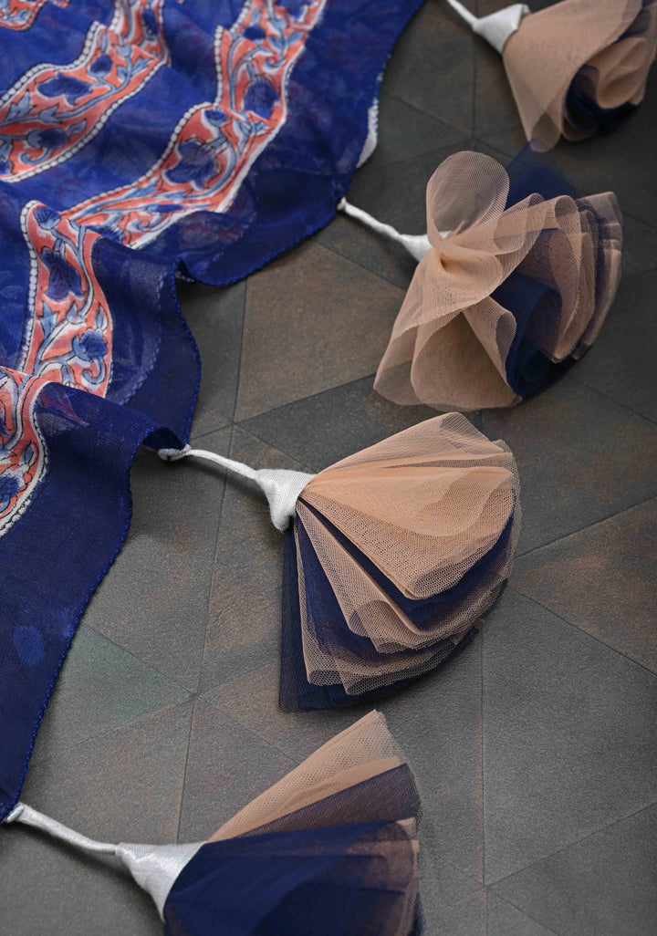 Mediterranean Blue Georgette Saree with Sanganeri Hand Block Print Florals and net tassels
