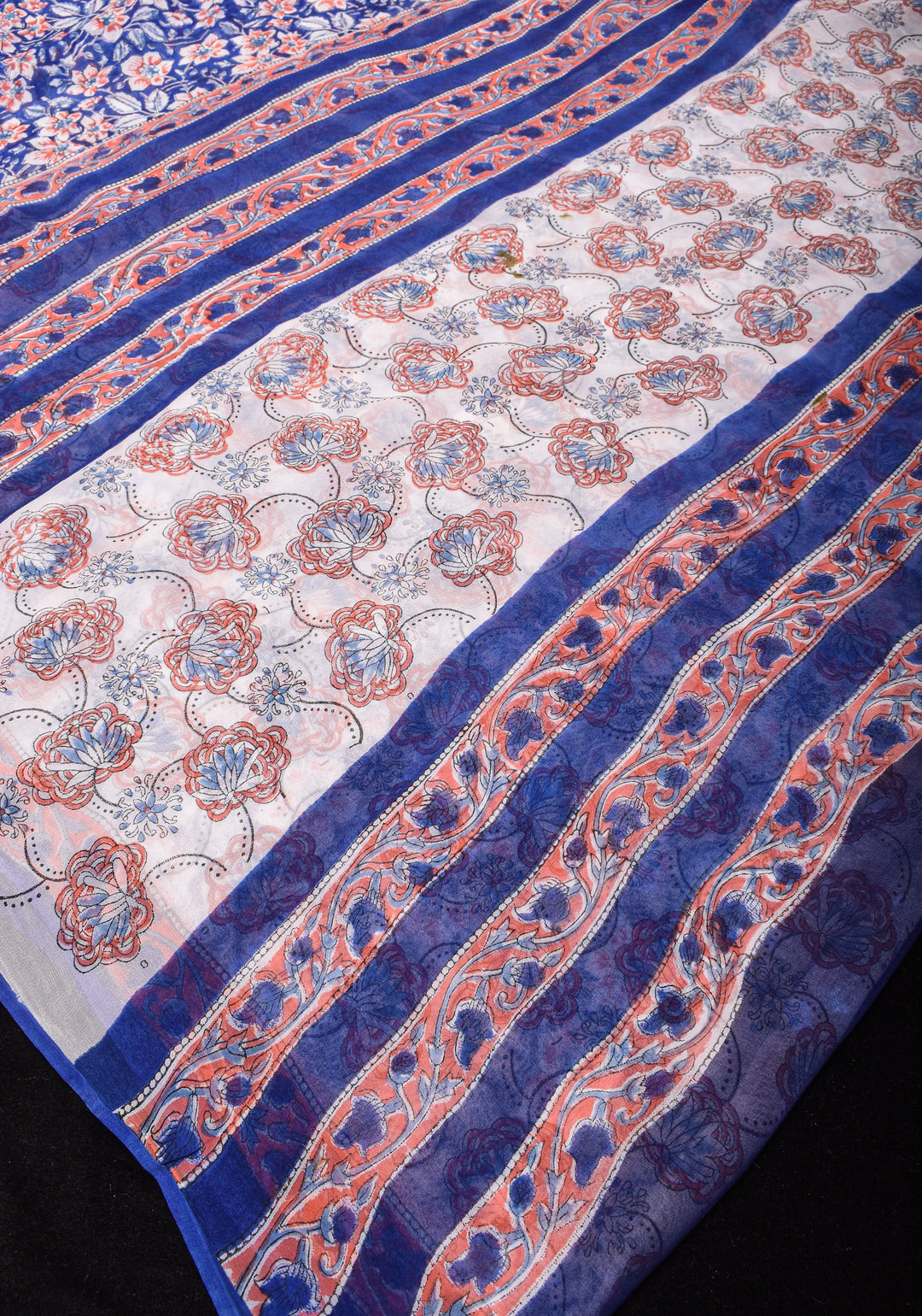 Mediterranean Blue Georgette Saree with Sanganeri Hand Block Print Florals and net tassels