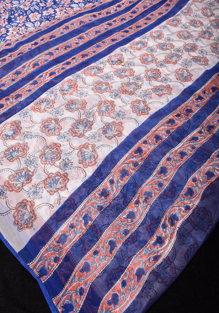 Mediterranean Blue Georgette Saree with Sanganeri Hand Block Print Florals and net tassels