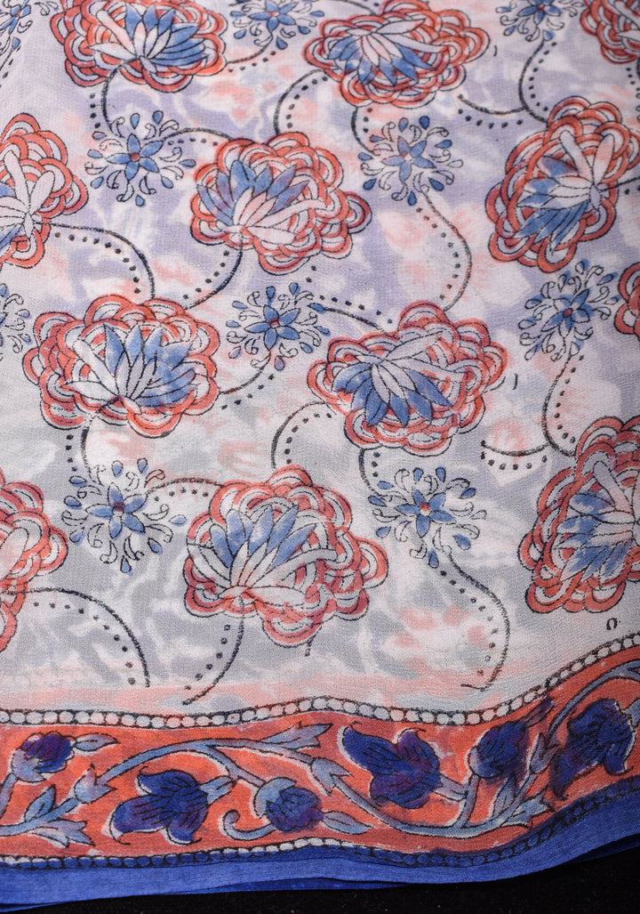 Mediterranean Blue Georgette Saree with Sanganeri Hand Block Print Florals and net tassels