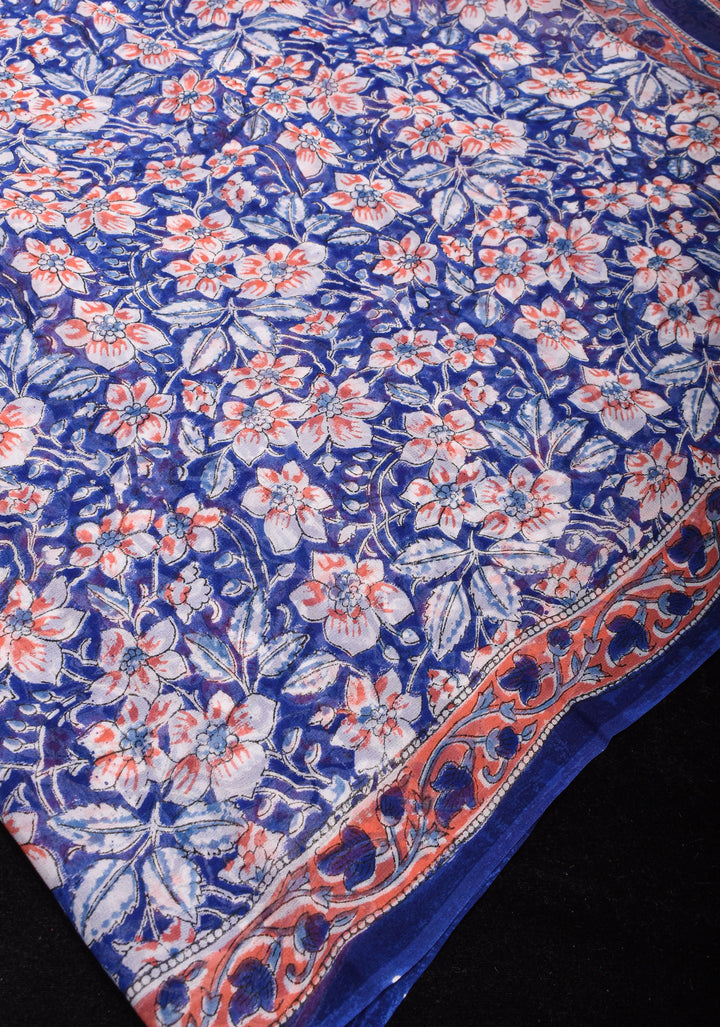 Mediterranean Blue Georgette Saree with Sanganeri Hand Block Print Florals and net tassels