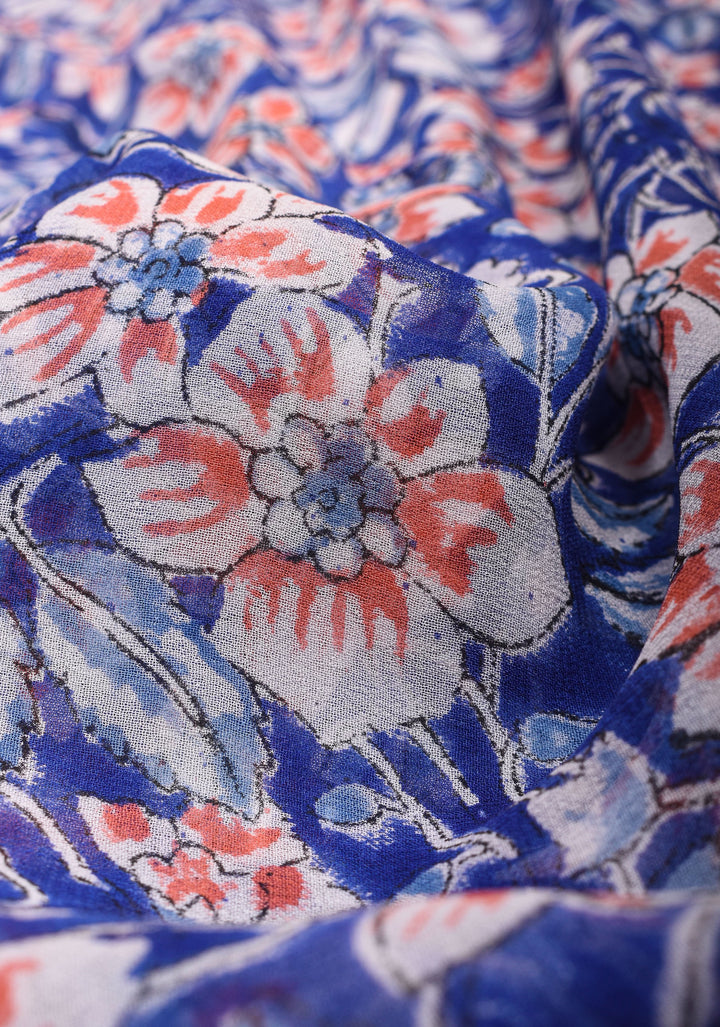 Mediterranean Blue Georgette Saree with Sanganeri Hand Block Print Florals and net tassels