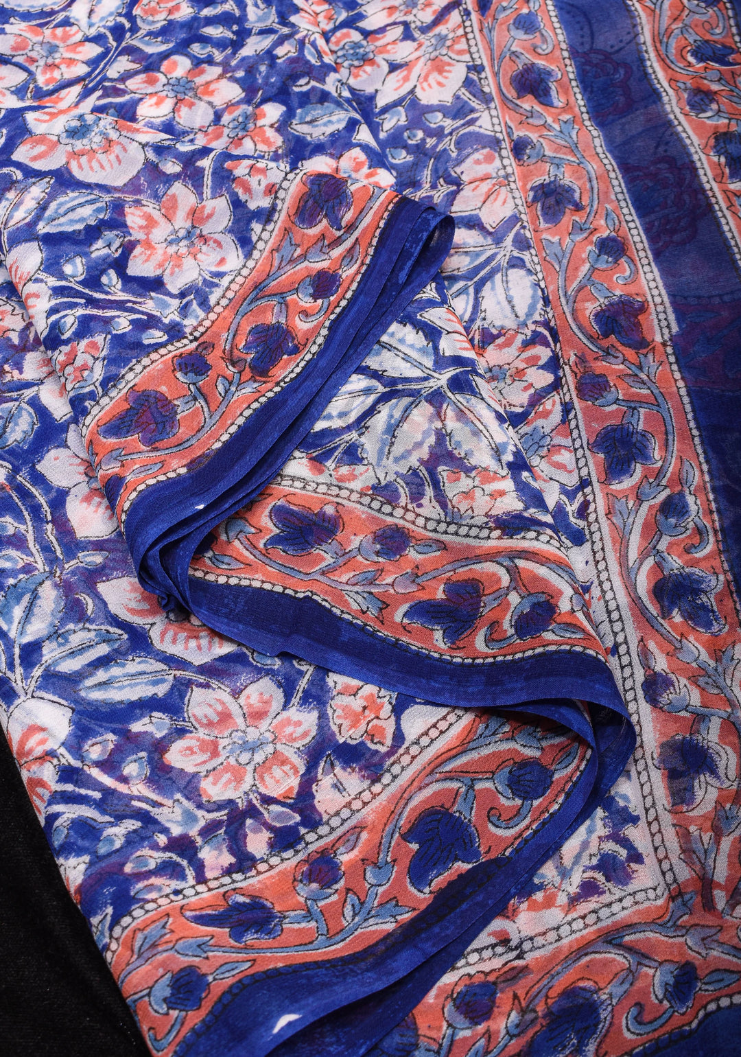 Mediterranean Blue Georgette Saree with Sanganeri Hand Block Print Florals and net tassels