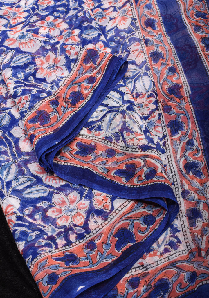 Mediterranean Blue Georgette Saree with Sanganeri Hand Block Print Florals and net tassels