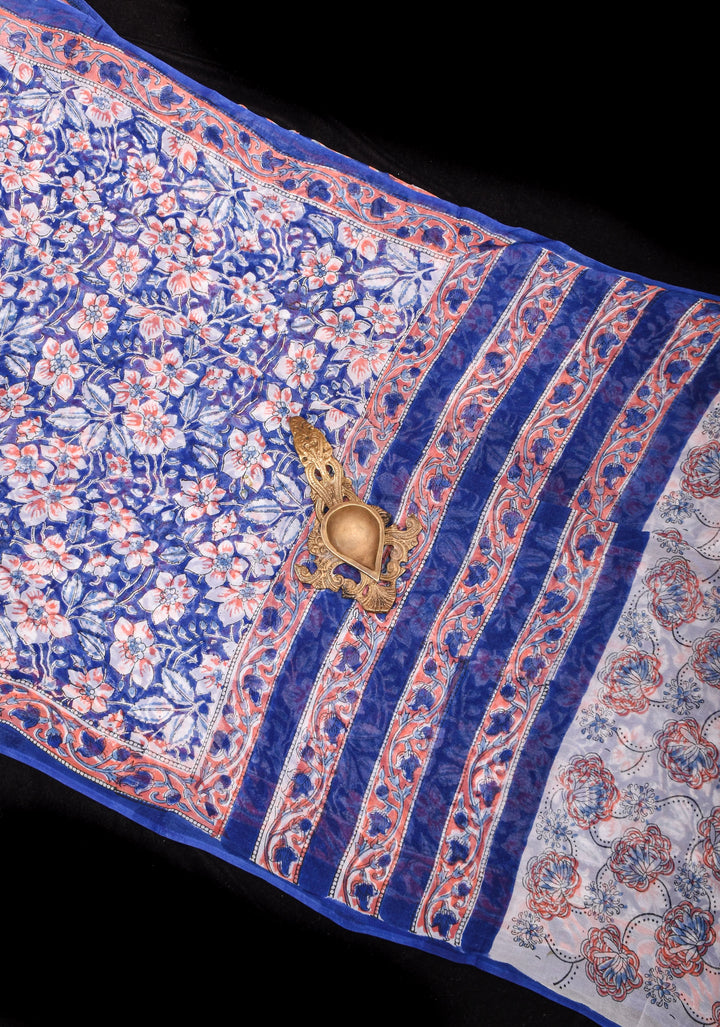 Mediterranean Blue Georgette Saree with Sanganeri Hand Block Print Florals and net tassels