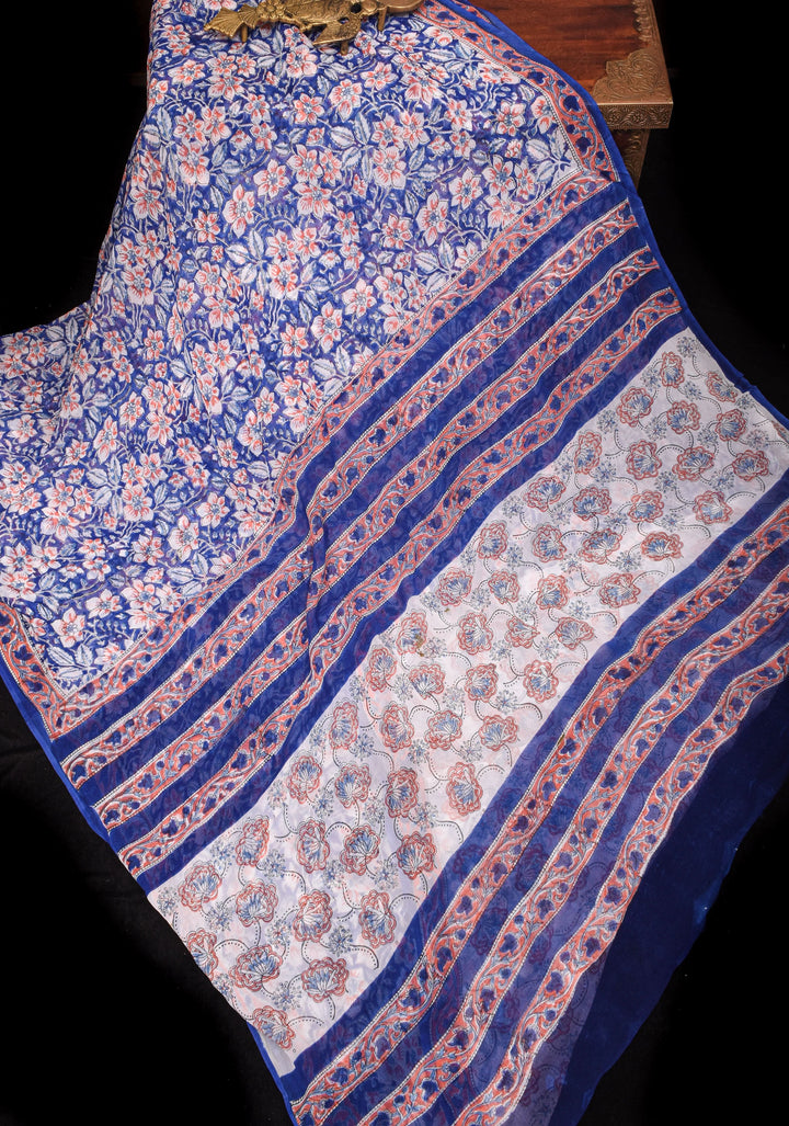 Mediterranean Blue Georgette Saree with Sanganeri Hand Block Print Florals and net tassels