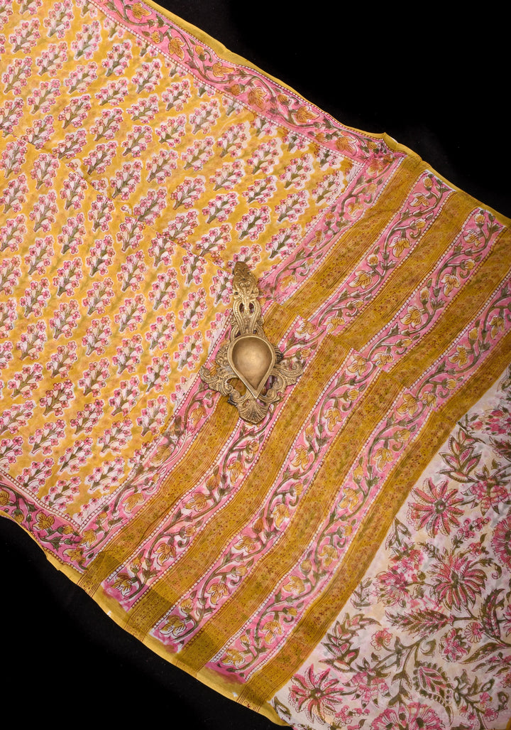 Unique Mustard Georgette Saree with Sanganeri Hand Block Print