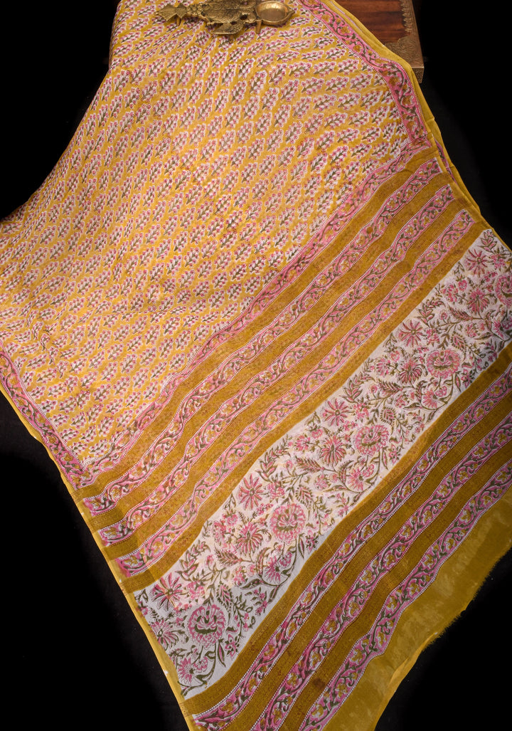 Unique Mustard Georgette Saree with Sanganeri Hand Block Print