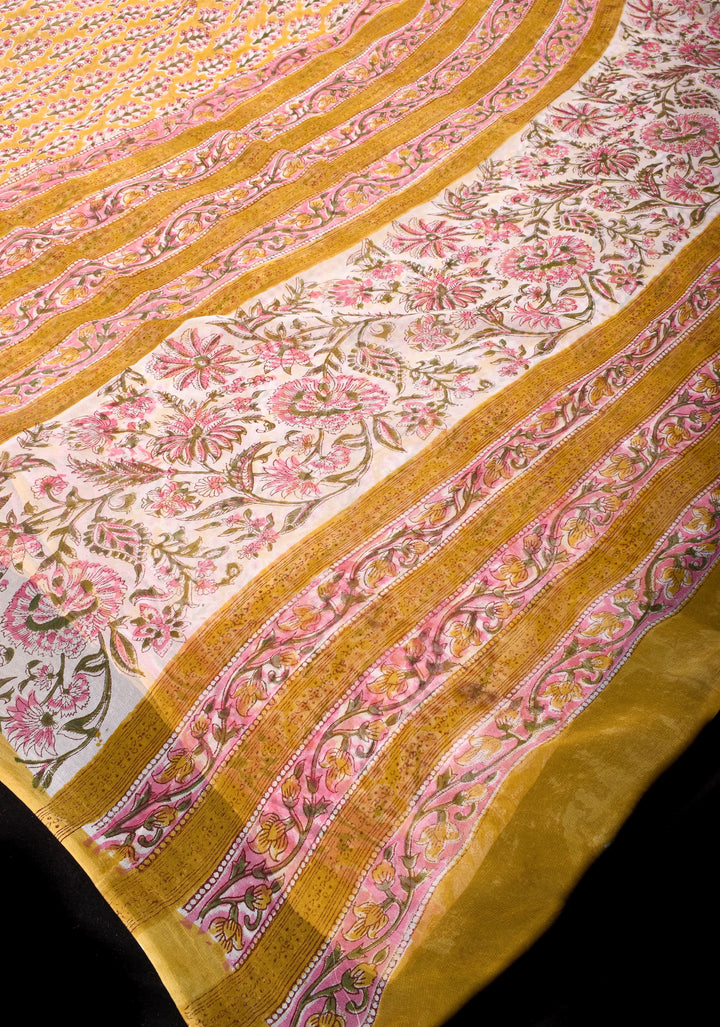 Unique Mustard Georgette Saree with Sanganeri Hand Block Print