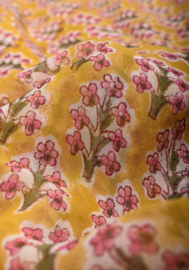 Unique Mustard Georgette Saree with Sanganeri Hand Block Print