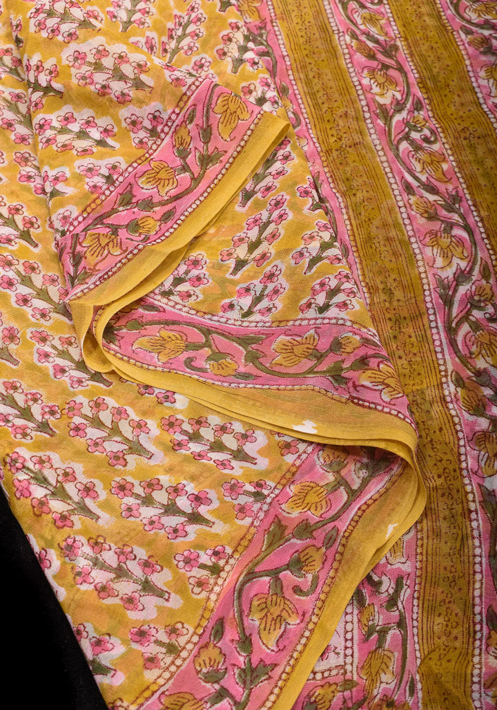 Unique Mustard Georgette Saree with Sanganeri Hand Block Print