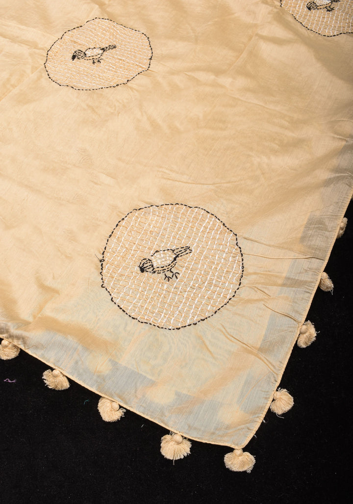Dupatta : Charming Beige Mercerized Cotton Dupatta with Fancy Kantha Hand Embroidery and 4 side pompoms