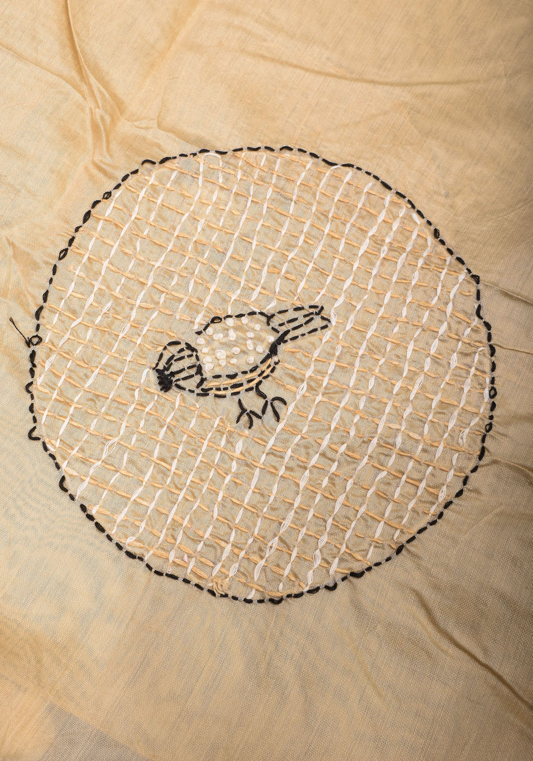 Dupatta : Charming Beige Mercerized Cotton Dupatta with Fancy Kantha Hand Embroidery and 4 side pompoms