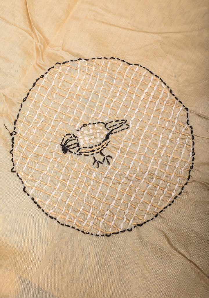 Dupatta : Charming Beige Mercerized Cotton Dupatta with Fancy Kantha Hand Embroidery and 4 side pompoms