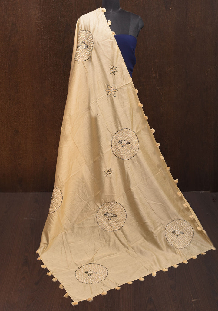 Dupatta : Charming Beige Mercerized Cotton Dupatta with Fancy Kantha Hand Embroidery and 4 side pompoms