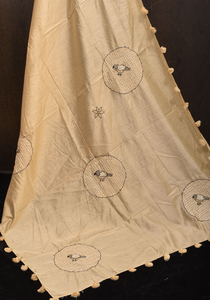 Dupatta : Charming Beige Mercerized Cotton Dupatta with Fancy Kantha Hand Embroidery and 4 side pompoms