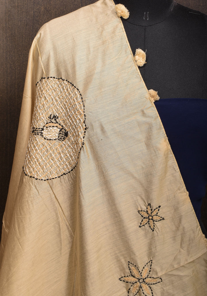 Dupatta : Charming Beige Mercerized Cotton Dupatta with Fancy Kantha Hand Embroidery and 4 side pompoms