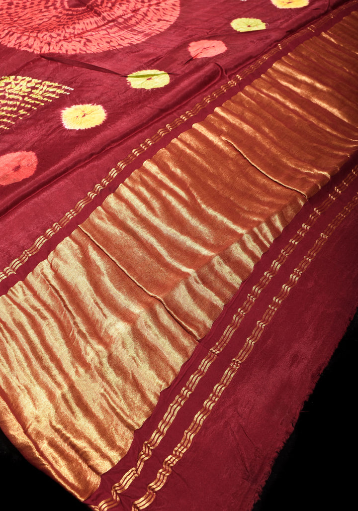 Maroon Hand Shibori mandala Dye and bandhej design on Modal Silk Saree with crushed Pallu