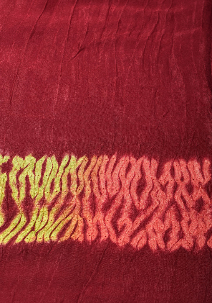 Maroon Hand Shibori mandala Dye and bandhej design on Modal Silk Saree with crushed Pallu