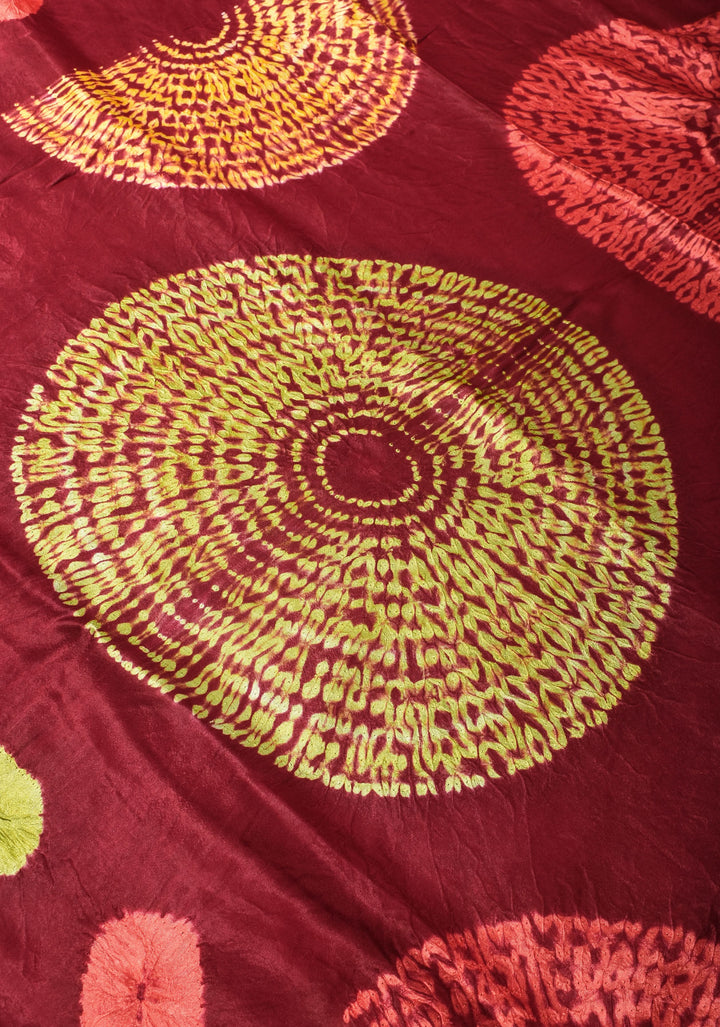 Maroon Hand Shibori mandala Dye and bandhej design on Modal Silk Saree with crushed Pallu