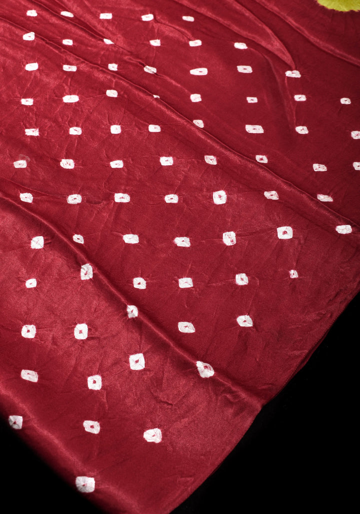 Maroon Hand Shibori mandala Dye and bandhej design on Modal Silk Saree with crushed Pallu