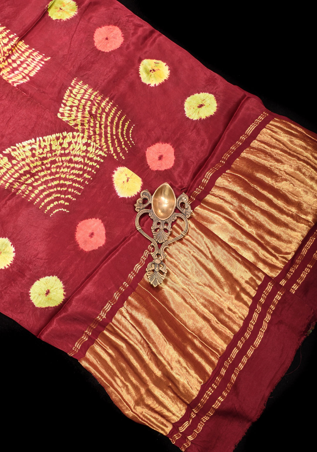 Maroon Hand Shibori mandala Dye and bandhej design on Modal Silk Saree with crushed Pallu