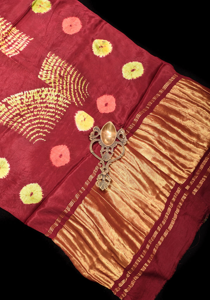 Maroon Hand Shibori mandala Dye and bandhej design on Modal Silk Saree with crushed Pallu