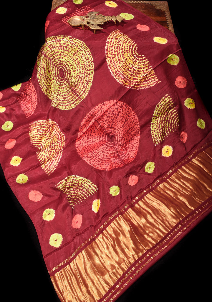 Maroon Hand Shibori mandala Dye and bandhej design on Modal Silk Saree with crushed Pallu