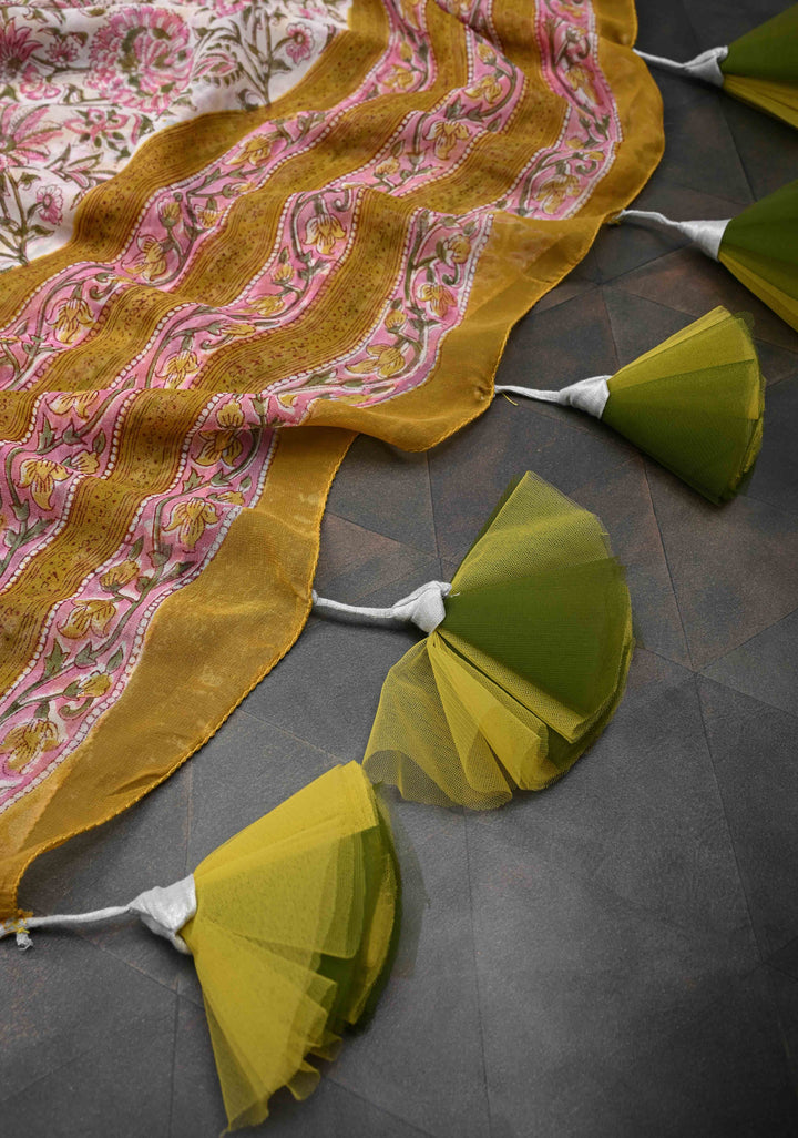 Unique Mustard Georgette Saree with Sanganeri Hand Block Print