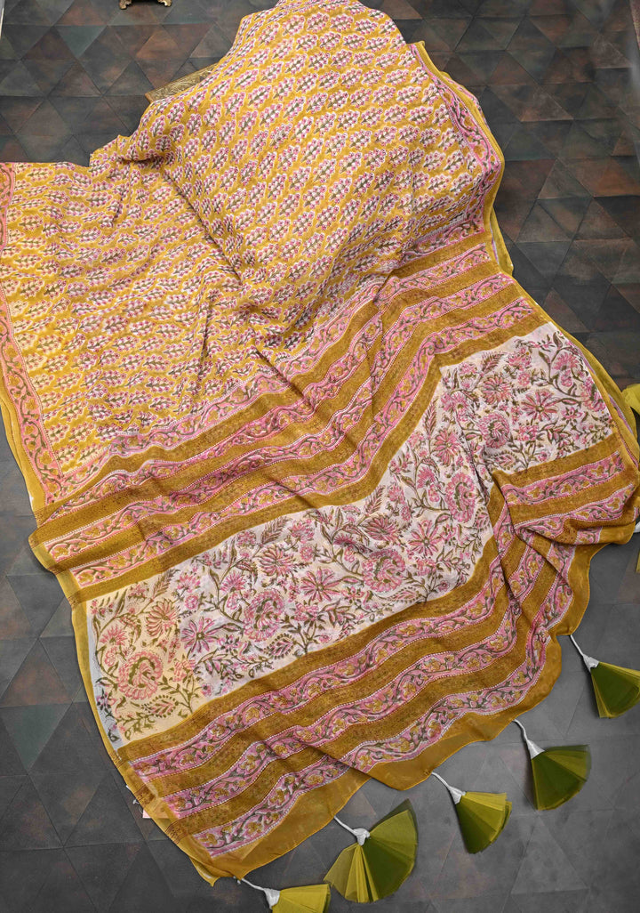 Unique Mustard Georgette Saree with Sanganeri Hand Block Print