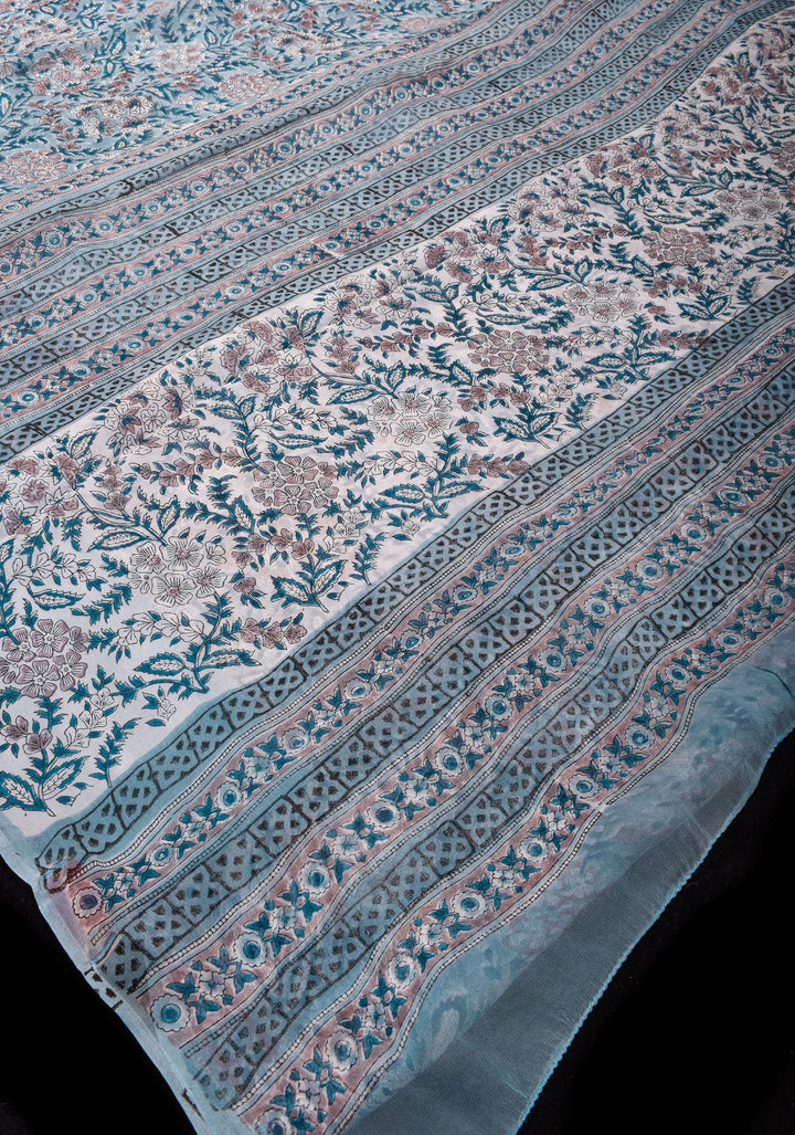 Grayish Blue tone Sanganeri Hand Block Print on Flowy Georgette Saree